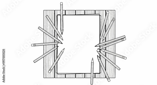 A blank sheet of paper is surrounded by sharpened pencils on a wooden surface