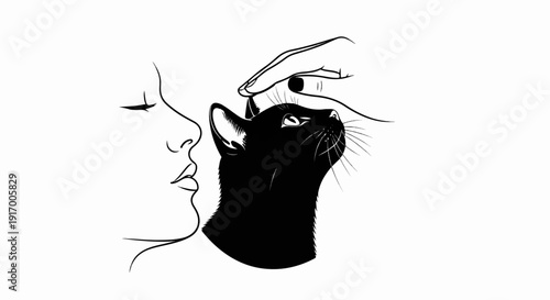 A black cat is petted by a hand near a profile of a kissing face