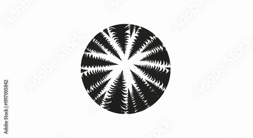 A circular, black and white abstract pattern with repeating elements radiating outwards