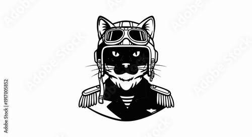 A black cat wearing a vintage pilot's helmet and uniform