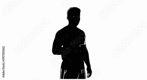 A dark silhouette of a man in casual attire holding a cup