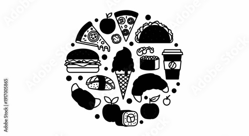 A circular composition of diverse food items and fruits