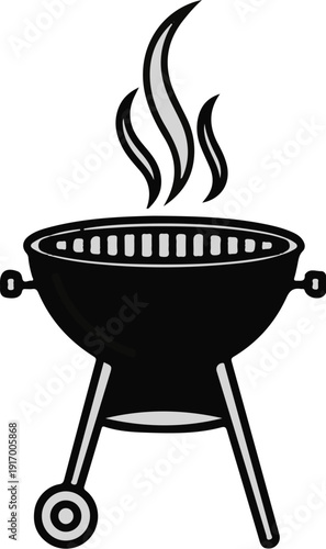 A black charcoal grill with flames rising above the cooking grate