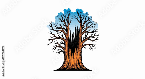 A dark, hollowed tree with bare branches against a blue sky