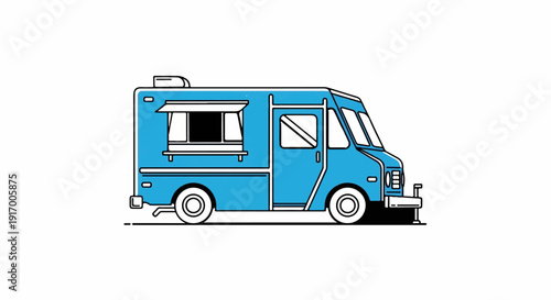 A blue cartoon food truck with an open serving window and wheels