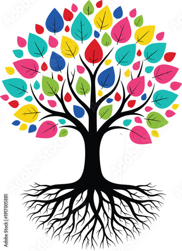 Colorful Tree of Life with Vibrant Leaves and Deep Roots Vector Illustration for Growth Diversity Connection Evolution Nature and Community Concepts