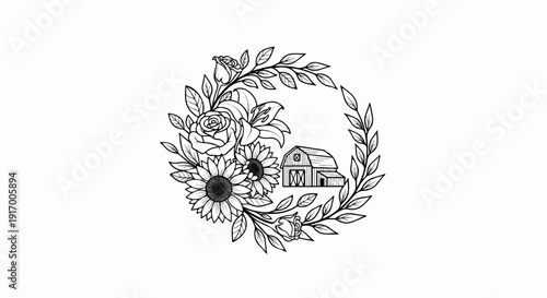 A circular floral wreath with a barn and sunflowers in the center
