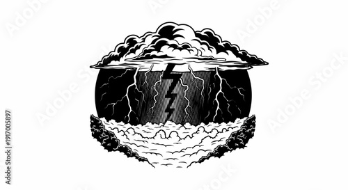 A circular depiction of a stormy sky with lightning striking through clouds and rain