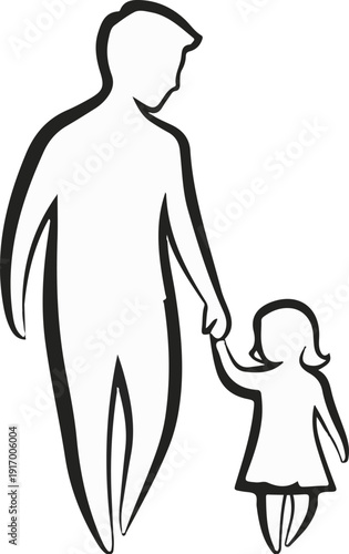 A bold line drawing of a father holding his young daughter's hand