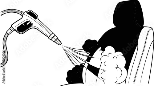 A cleaning device sprays a car seat with steam and foam for deep cleaning