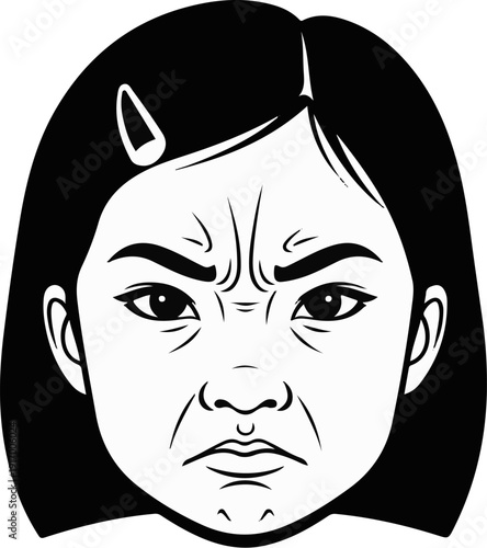 A close-up black and white illustration of a young girl with an angry expression