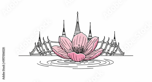 A delicate pink lotus flower floats on water before ornate temple structures