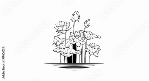 A delicate sketch of blooming lotus flowers and buds in a pond