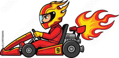 Cartoon go kart racer in red suit with fire helmet driving fast racing car with flames isolated on white background