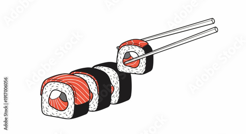A close-up illustration shows salmon sushi rolls being lifted by chopsticks