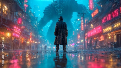 Cyberpunk Detective Facing Giant Monster In Rainy Neon City Street
