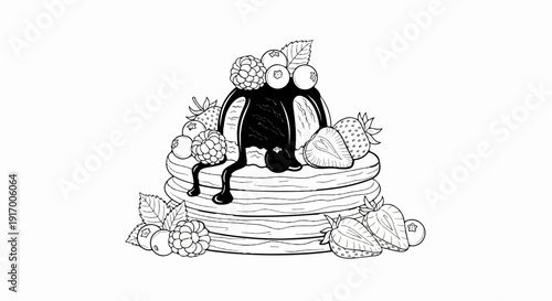 A delicious stack of pancakes topped with ice cream, berries, and chocolate