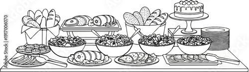 A delightful spread of food items including various breads, sliced meats, salads, and a cake