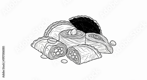 A close-up line art drawing of various baked pastries with nuts