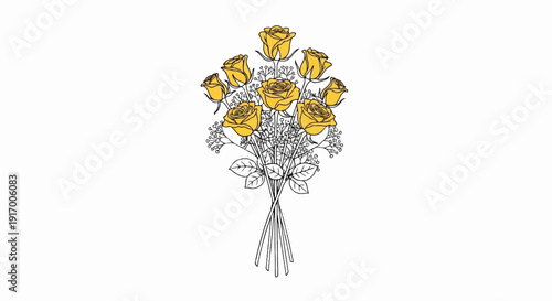 A bouquet of yellow roses with detailed line art and buds
