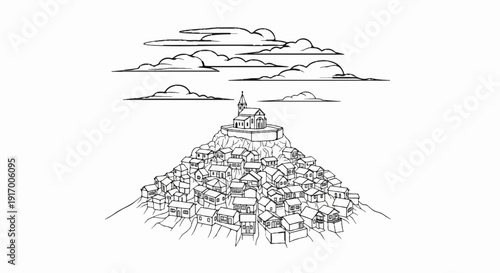 A dense, clustered village with a church atop a steep hill under clouds