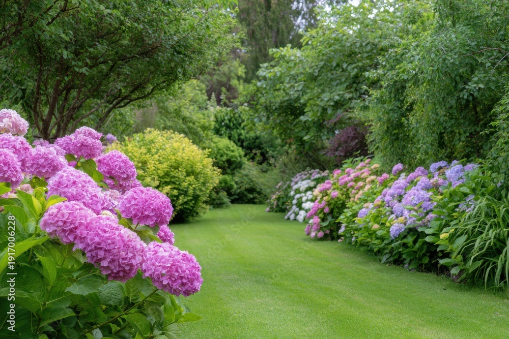 Obraz premium Lush garden pathway with vibrant pink and purple hydrangeas