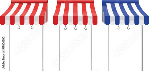 Vector illustration of striped market stall canopies with red white and blue designs, vendor booth decorative outdoor retail motifs