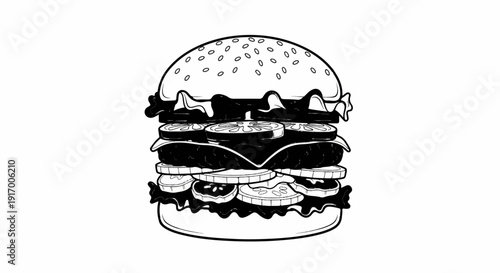A detailed black and white illustration of a stacked hamburger with visible layers