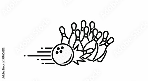 A bowling ball strikes pins, creating a dynamic sports graphic