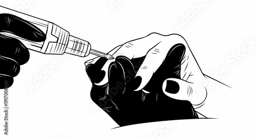 A gloved hand holds a rotary tool, working on a fingernail