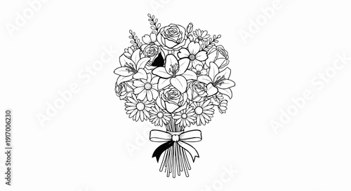 A detailed black and white illustration of a floral arrangement with a ribbon