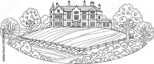 A grand manor house sits atop a rolling green hill with trees