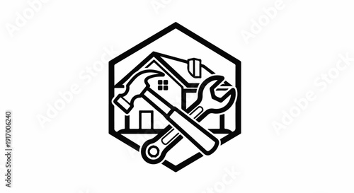 A graphic emblem with a house and crossed tools, symbolizing home repair services