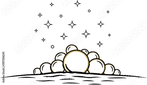 A cluster of shiny bubbles rises, adorned with sparkles