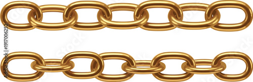 Vector illustration of golden chains with oval links, metallic shiny texture, jewelry design motifs, decorative mechanical connection elements