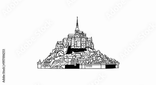 A detailed black and white line drawing of a medieval fortified abbey on a rocky island