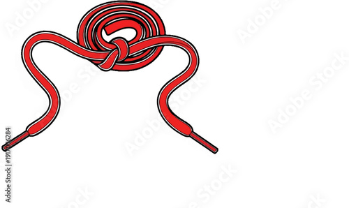 A coiled red shoelace with a knot and two tips shown