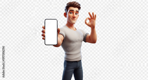Friendly cartoon man showing smartphone with ok gesture