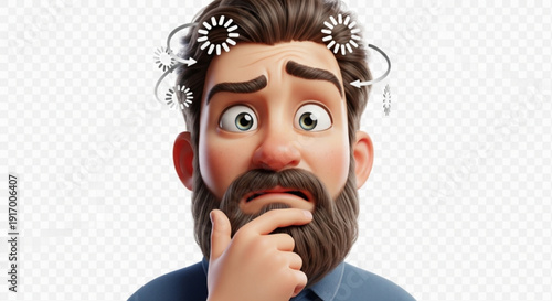 Cartoon man with puzzled expression and hand on chin thinking