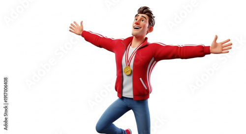 Young man celebrating success with arms outstretched in triumph