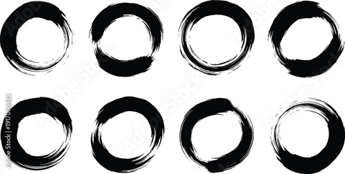 Black vector illustration of enso brush circles with textured strokes, Zen Buddhism symbol style, artistic decorative abstract design motifs