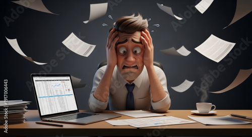 Overwhelmed businessman struggling with paperwork at office desk