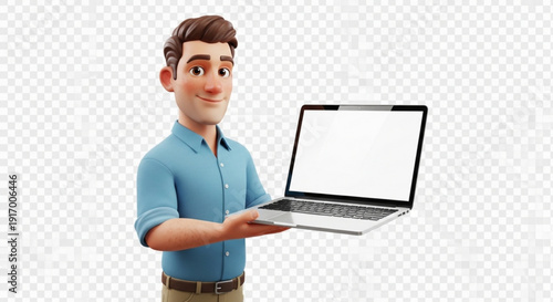 Smiling young man presenting blank laptop screen with enthusiasm