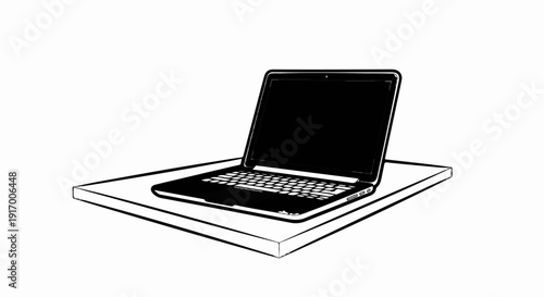A line drawing of an open laptop computer on a flat surface