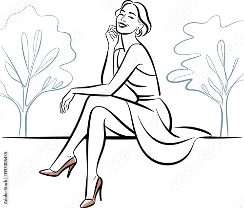 A serene woman sitting in a park with trees in the background, lost in thought.