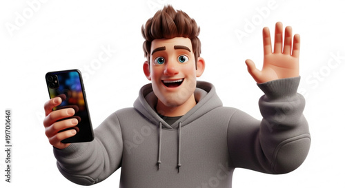 Happy young man waving while holding smartphone