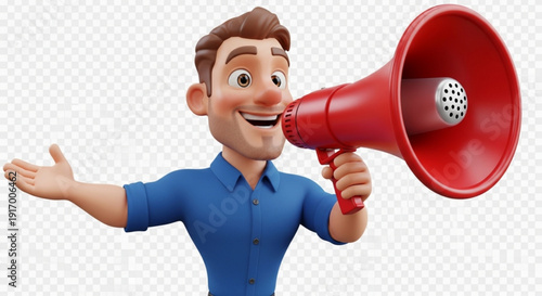 Smiling man enthusiastically speaking through a red megaphone