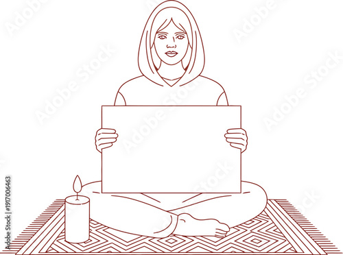A woman sits cross-legged on a patterned rug holding a blank sign with a lit candle beside her.