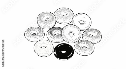 A collection of assorted ring-shaped baked goods, some with speckled toppings