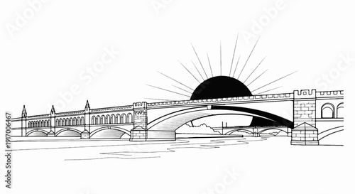 A detailed line drawing depicts a grand, stone arched bridge with battlements at sunrise